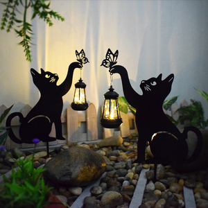 新款太阳能户外防水提灯猫咪剪影庭院景观动物造型铁艺装饰花园灯